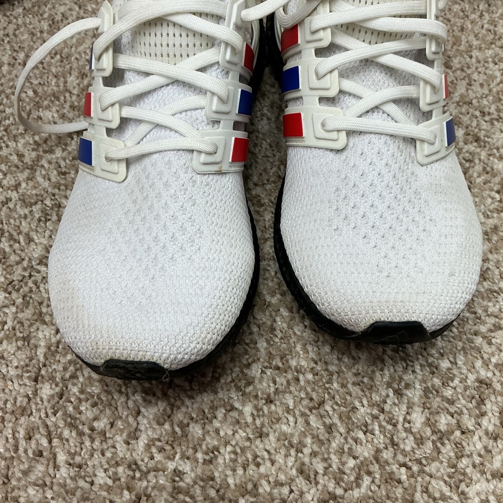 adidas White Sneakers with Red & Blue Stripe Accents - Picture 5 of 12